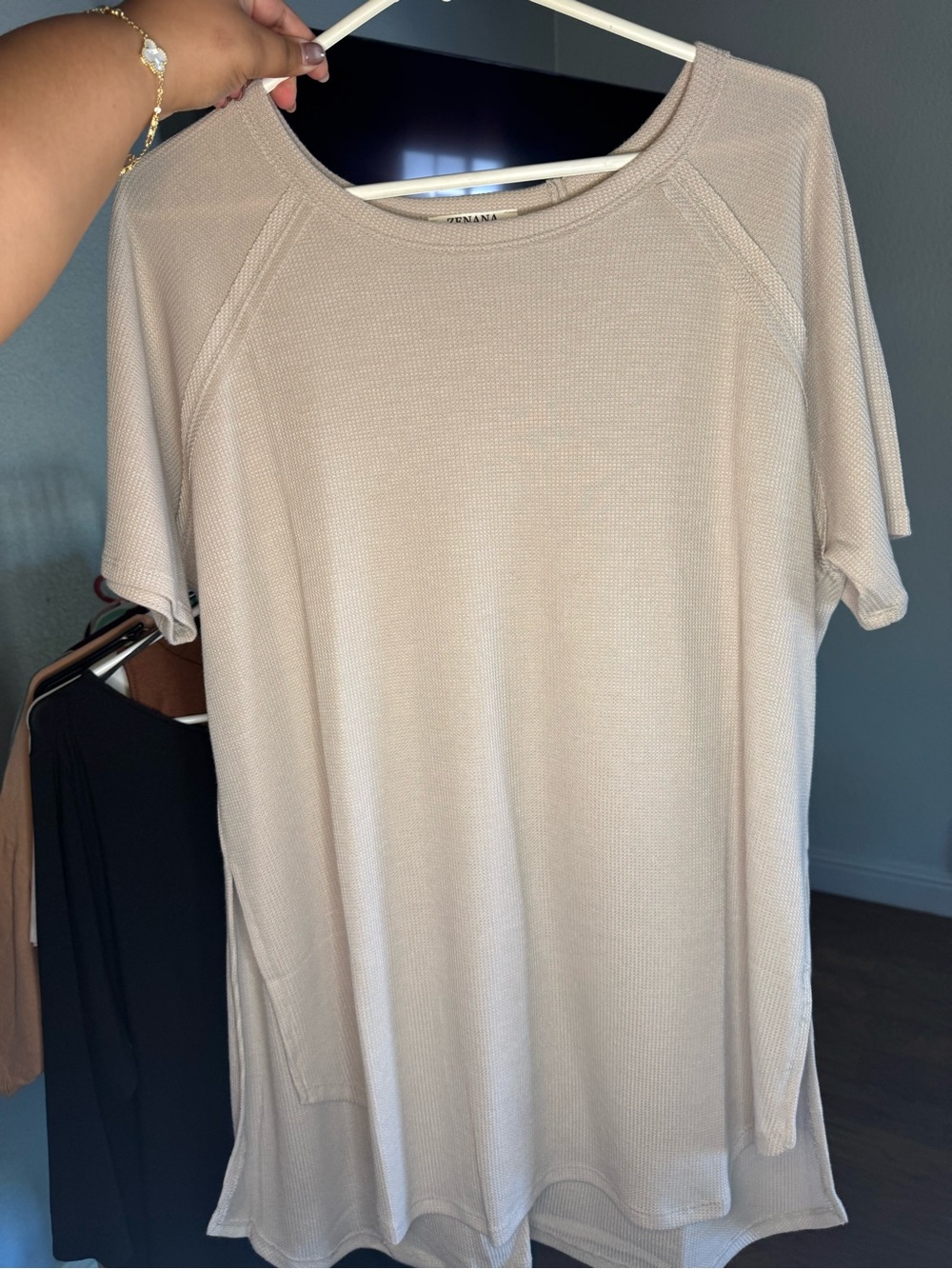 Zenana Outfitters Waffle Knit Tunic in Light Taupe